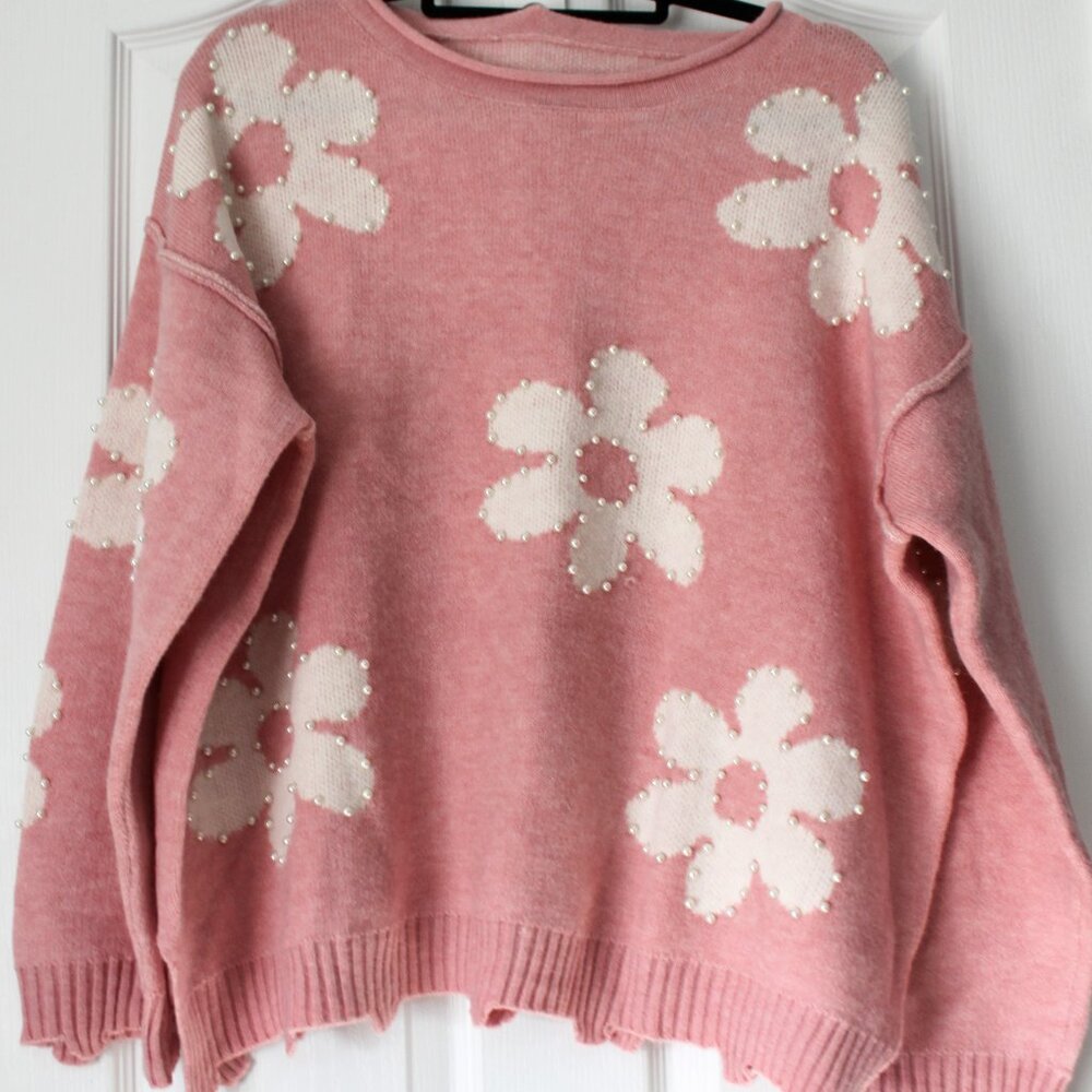 Grandmillennial Pearl Daisy 3D Floral Knit Sweater XL - Pink / CreamSpring Style